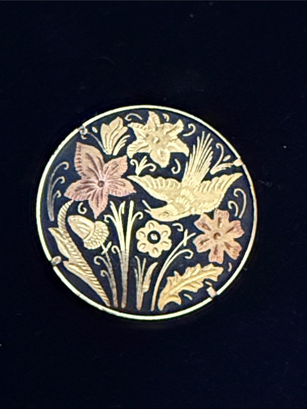 Damascene Trumpet Clasp Bird and flowers brooch pin